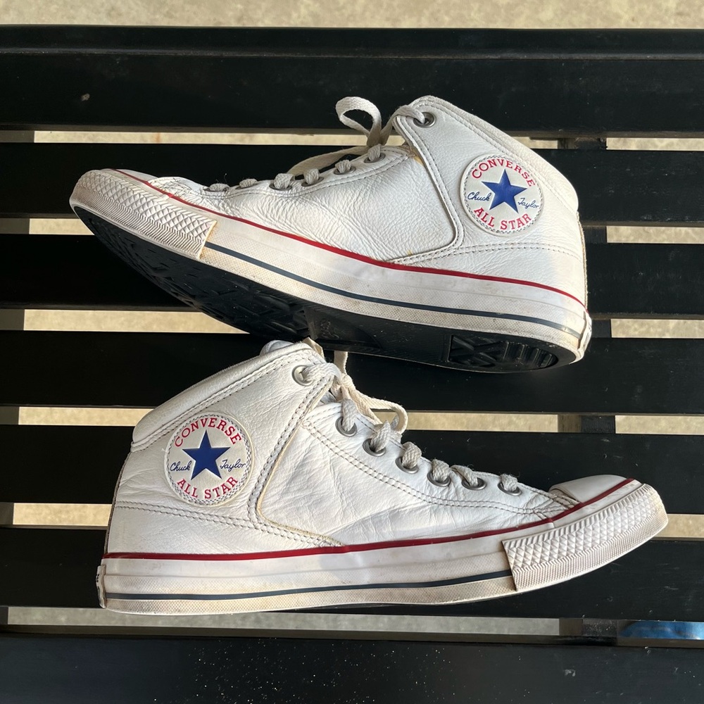 Converse All Star White Leather Mid Top Sneakers with Red Trim
